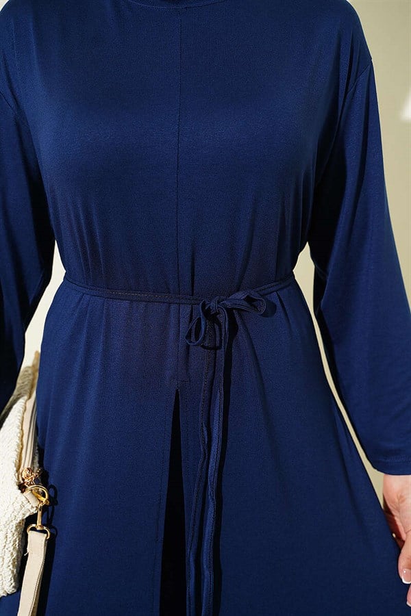 Navy Blue Long Tunic 2 Piece Set with Slit Detail and Drawstring Belt