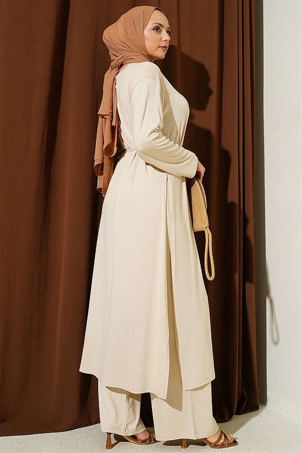 Long Tunic 2 Piece Set with Slit Detail and Drawstring, Beige