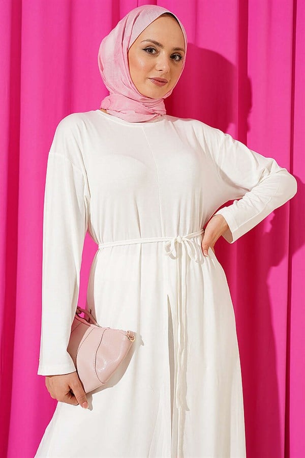 White Long Tunic 2 Piece Set with Slit Detail and Drawstring Belt
