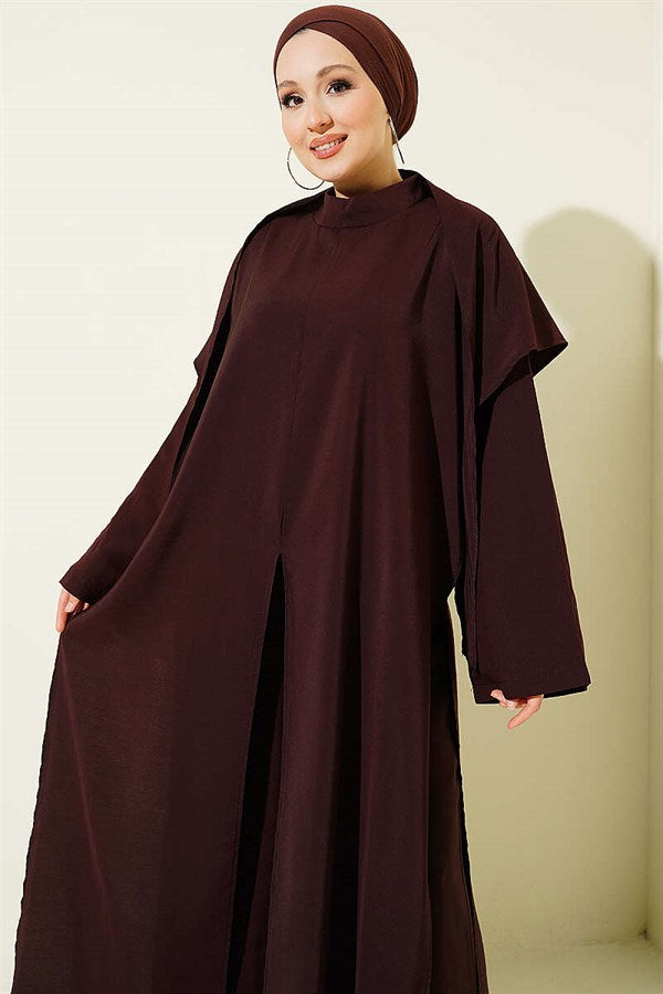 Modal 3 Piece Set with Slit Detail and Shawl, Coffee Brown