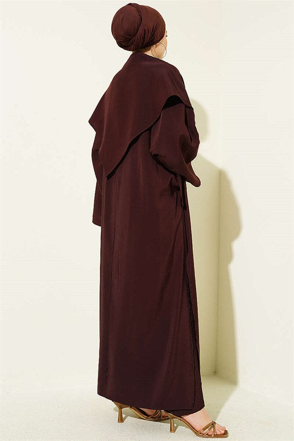 Modal 3 Piece Set with Slit Detail and Shawl, Coffee Brown