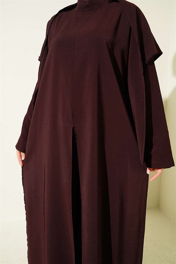 Modal 3 Piece Set with Slit Detail and Shawl, Coffee Brown