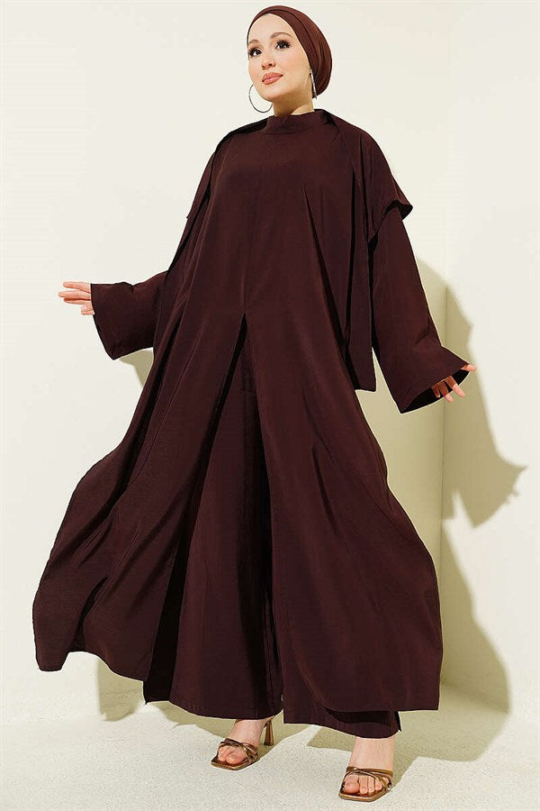 Modal 3 Piece Set with Slit Detail and Shawl, Coffee Brown