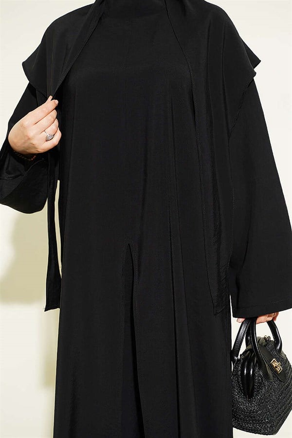 Modal 3 Piece Set with Slit Detail and Shawl, Black