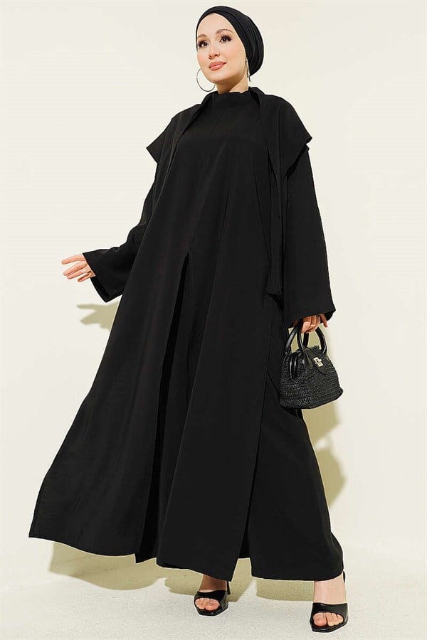 Modal 3 Piece Set with Slit Detail and Shawl, Black