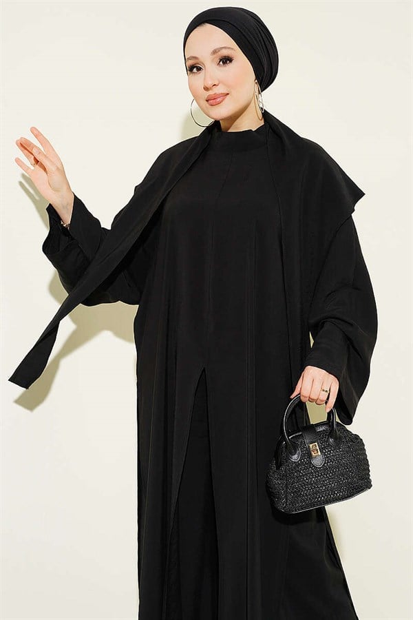 Modal 3 Piece Set with Slit Detail and Shawl, Black
