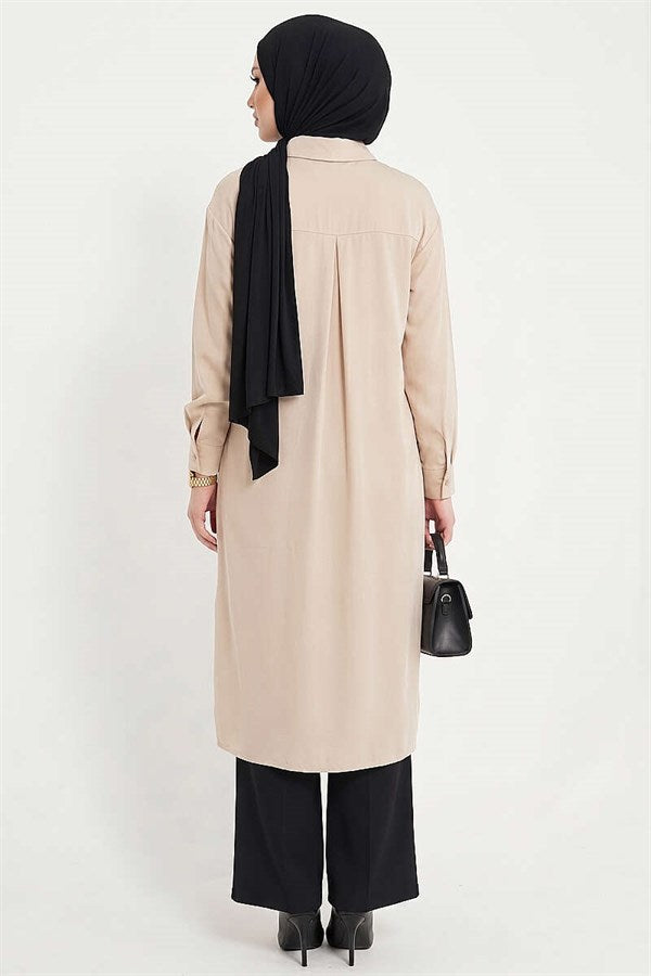 Beige Tencel Long Tunic with Slit Detail