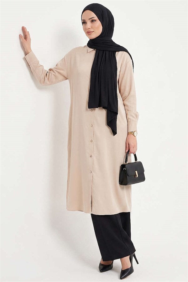 Beige Tencel Long Tunic with Slit Detail