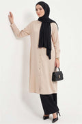 Beige Tencel Long Tunic with Slit Detail