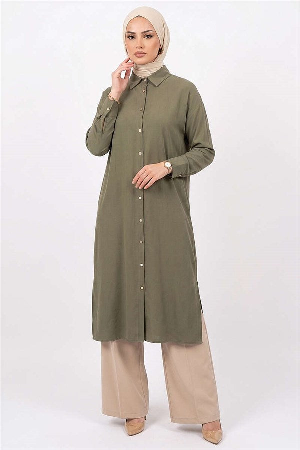 Long Tencel Tunic with Slit Detail, Khaki