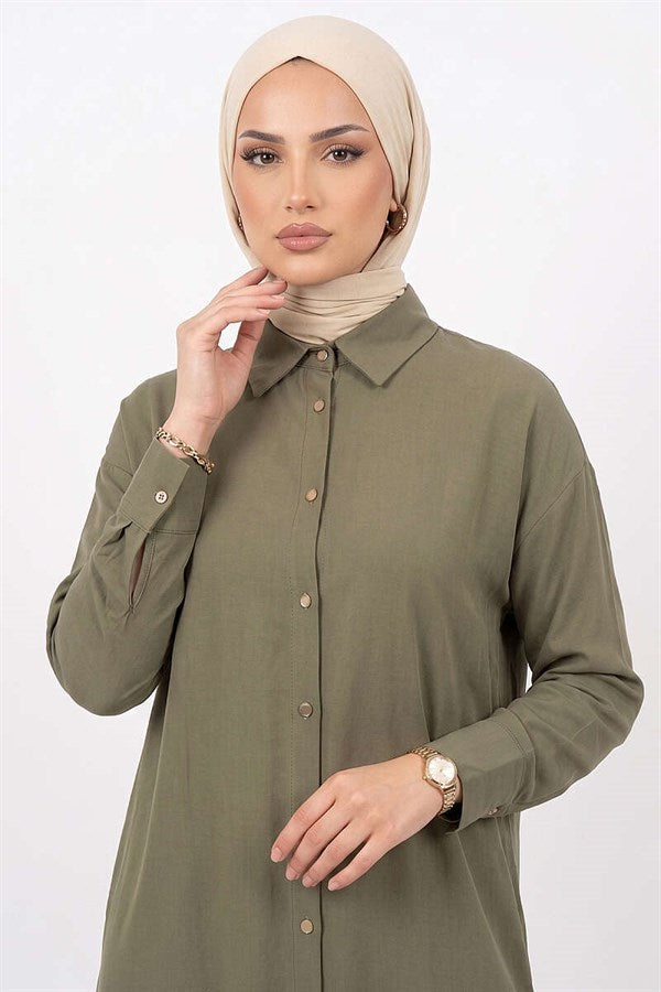 Long Tencel Tunic with Slit Detail, Khaki