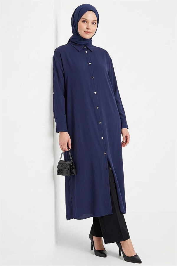 Navy Blue Long Tunic with Slit Detail