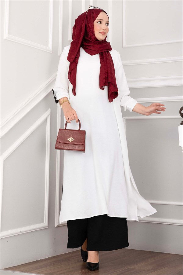 Long Tunic and Pants Set with Slit Detail, Ecru
