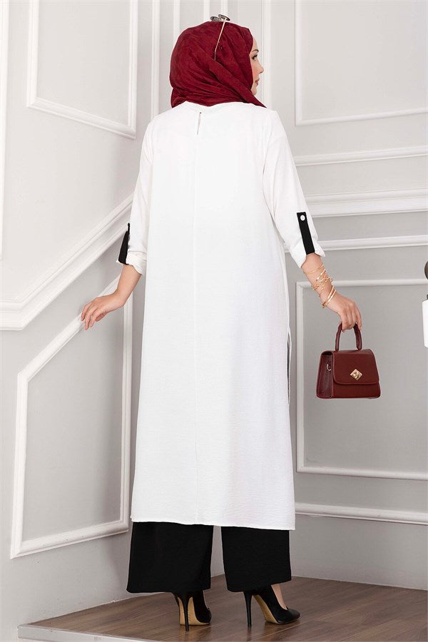 Long Tunic and Pants Set with Slit Detail, Ecru