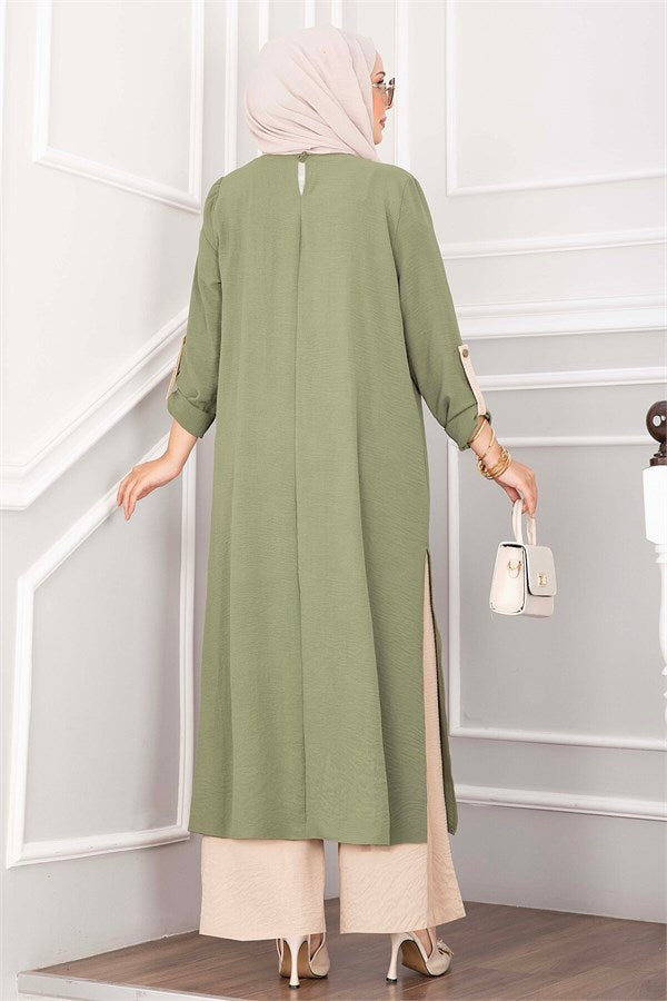 Long Tunic and Pants Set with Slit Detail, Khaki