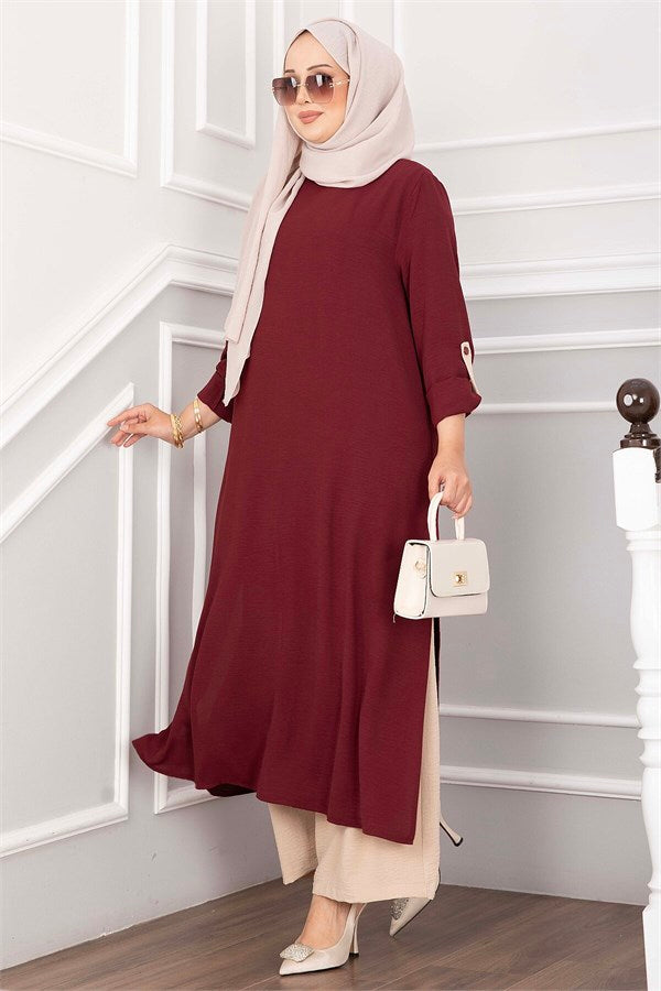 Long Tunic and Pants Set with Slit Detail, Burgundy