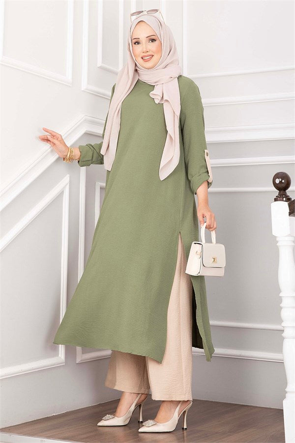 Long Tunic and Pants Set with Slit Detail, Khaki