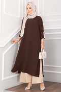 Long Tunic and Pants Set with Slit Detail, Brown