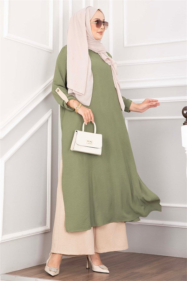 Long Tunic and Pants Set with Slit Detail, Khaki