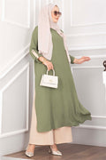 Long Tunic and Pants Set with Slit Detail, Khaki