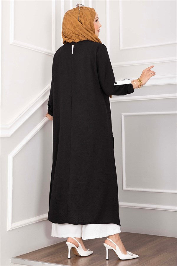 Long Tunic and Pants Set with Slit Detail, Black