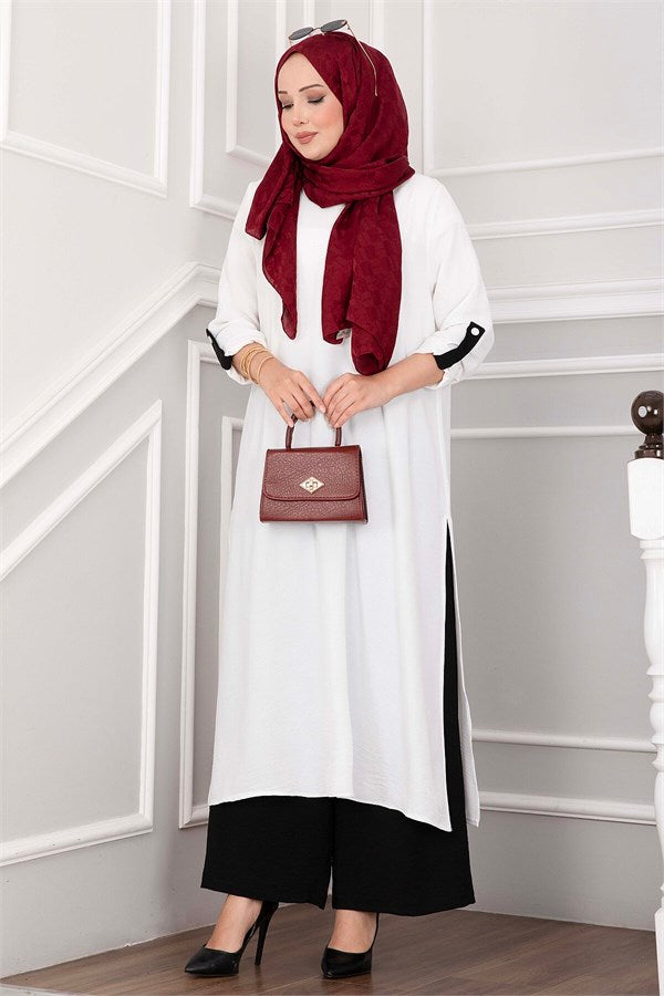 Long Tunic and Pants Set with Slit Detail, Ecru