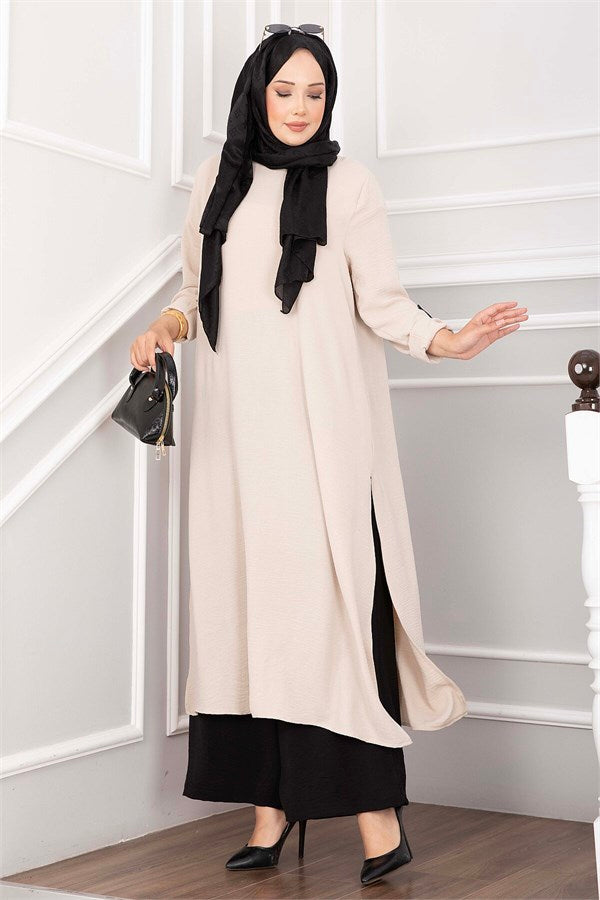 Long Tunic and Pants Set with Slit Detail (Stone Embellished)