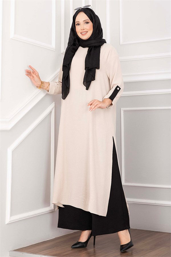 Long Tunic and Pants Set with Slit Detail (Stone Embellished)