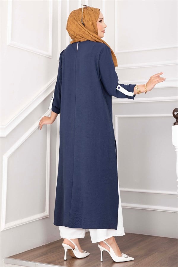 Long Tunic and Pants Set with Slit Detail, Navy Blue