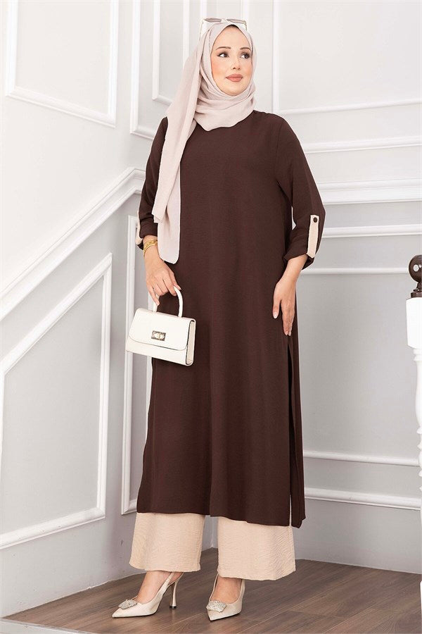 Long Tunic and Pants Set with Slit Detail, Brown