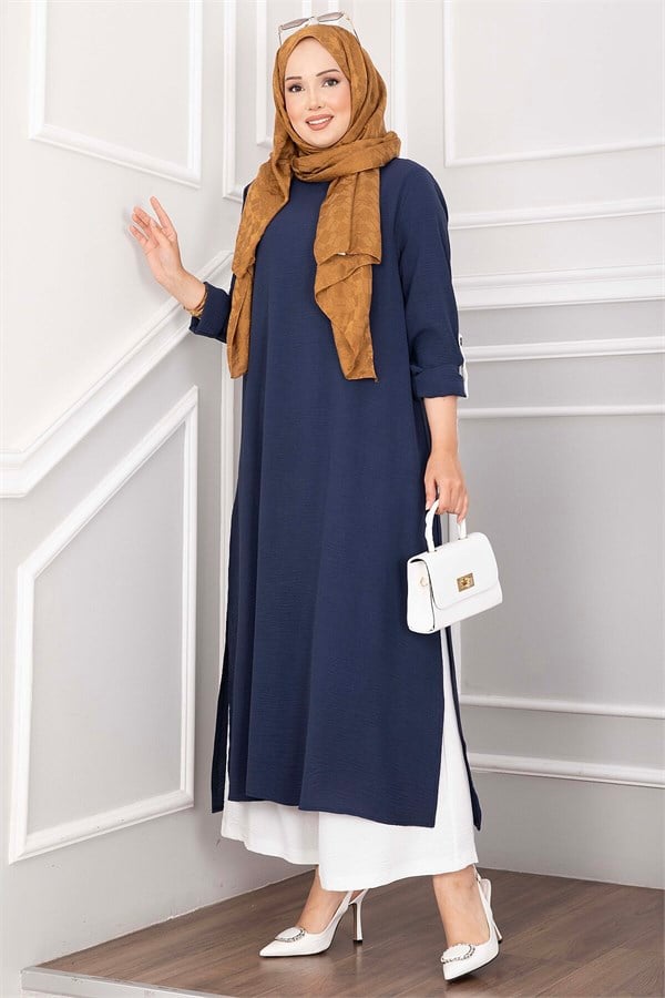 Long Tunic and Pants Set with Slit Detail, Navy Blue