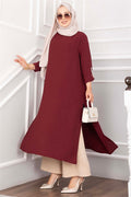 Long Tunic and Pants Set with Slit Detail, Burgundy