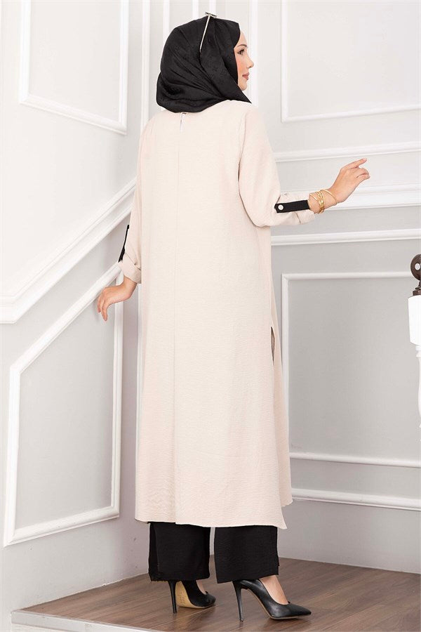 Long Tunic and Pants Set with Slit Detail (Stone Embellished)