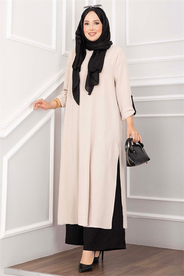 Long Tunic and Pants Set with Slit Detail (Stone Embellished)