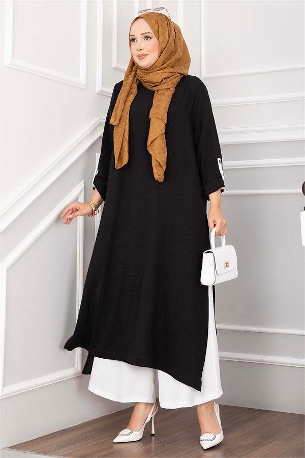Long Tunic and Pants Set with Slit Detail, Black