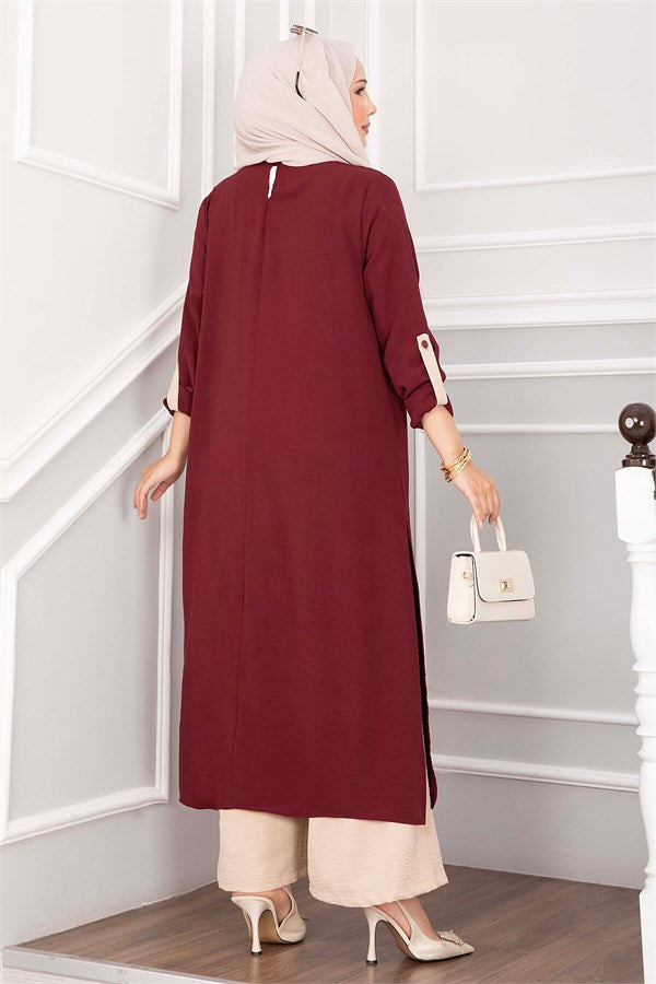 Long Tunic and Pants Set with Slit Detail, Burgundy
