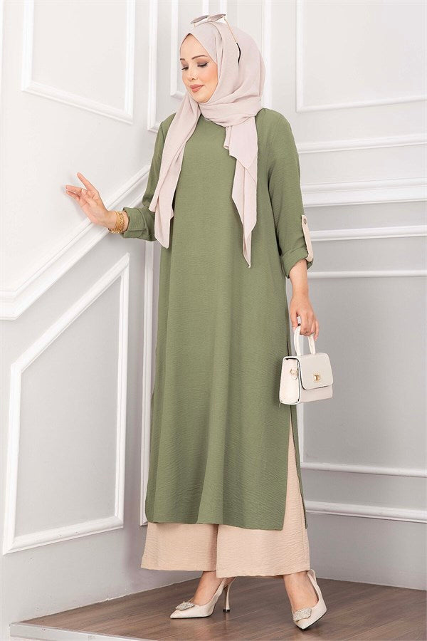 Long Tunic and Pants Set with Slit Detail, Khaki