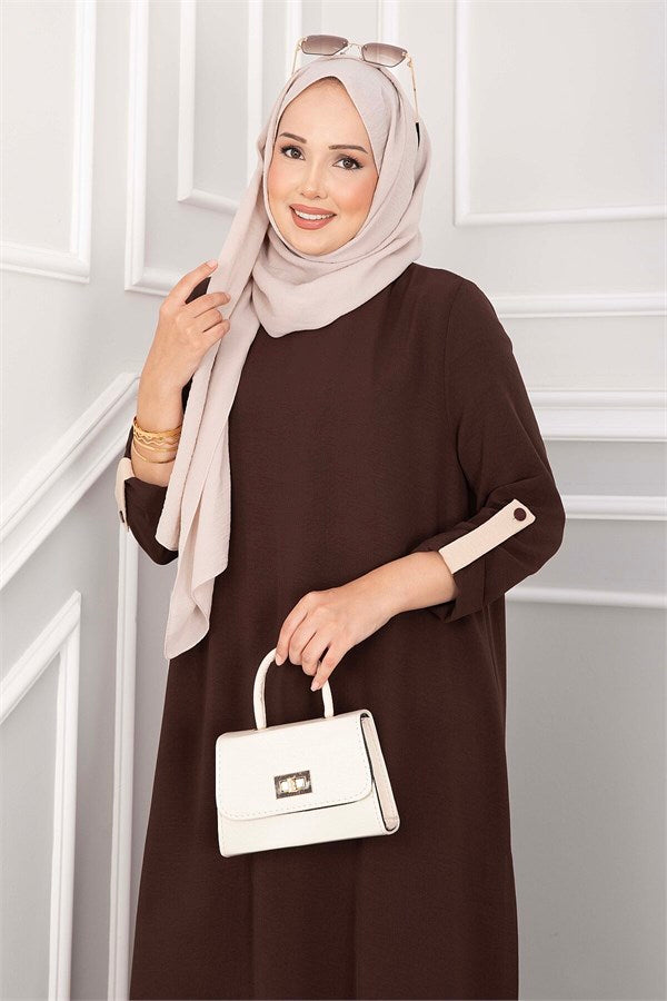 Long Tunic and Pants Set with Slit Detail, Brown