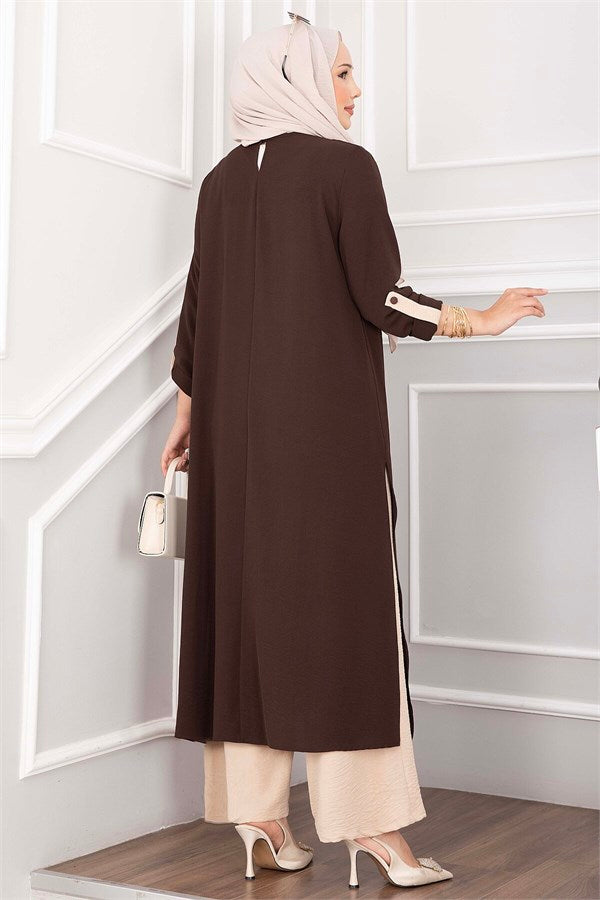 Long Tunic and Pants Set with Slit Detail, Brown