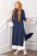 Long Tunic and Pants Set with Slit Detail, Navy Blue