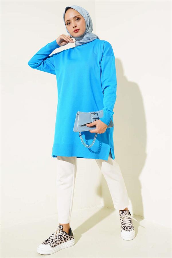 Basic Knit Tunic with Slits Blue