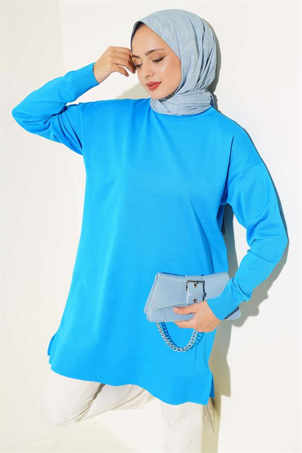 Basic Knit Tunic with Slits Blue