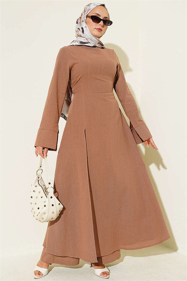 Linen Tunic 2 Piece Set with Slit and Belt, Latte