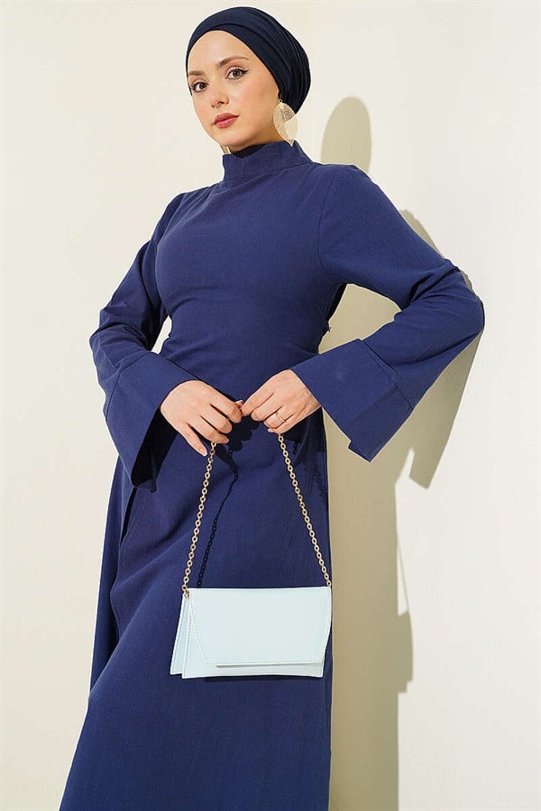 Linen Tunic Two-Piece Set with Slit and Belt, Navy Blue