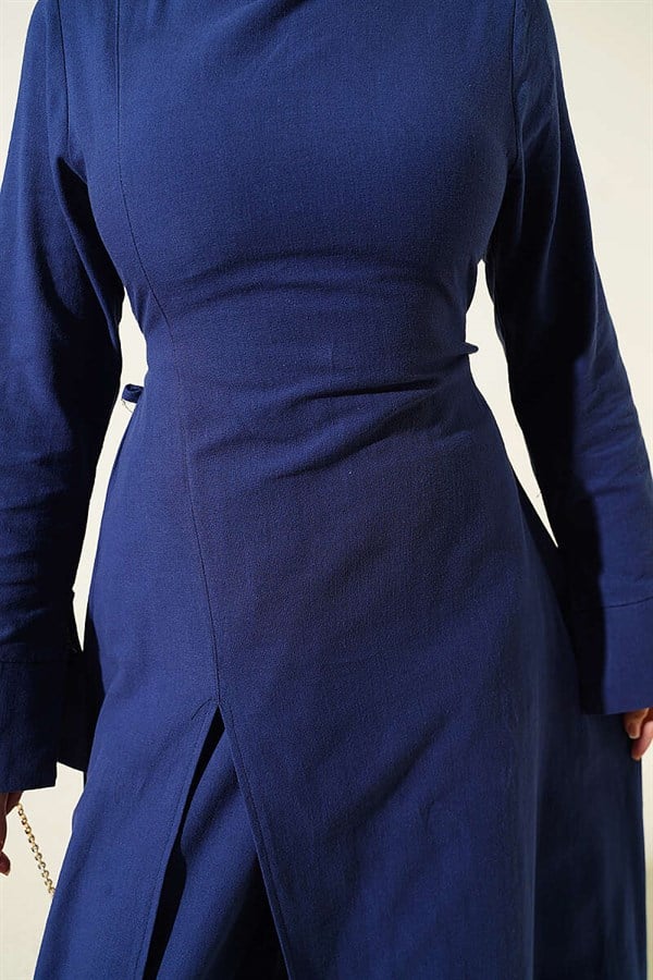Linen Tunic Two-Piece Set with Slit and Belt, Navy Blue