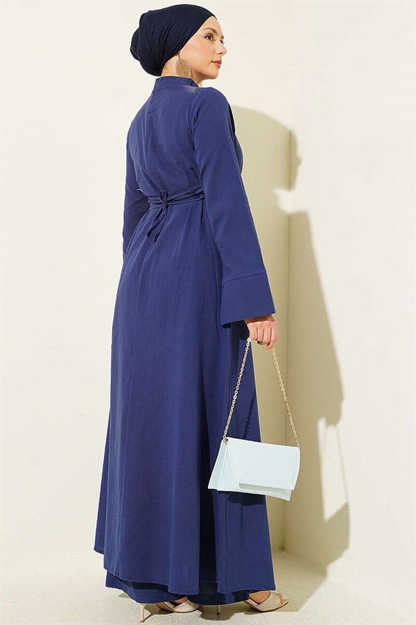 Linen Tunic Two-Piece Set with Slit and Belt, Navy Blue