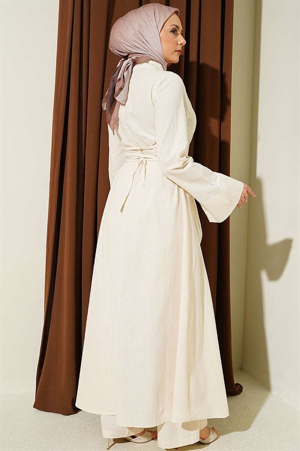 Beige Linen Tunic Two-Piece Set with Slit and Waistband