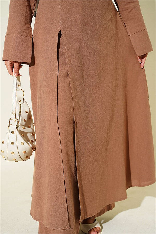 Linen Tunic 2 Piece Set with Slit and Belt, Latte