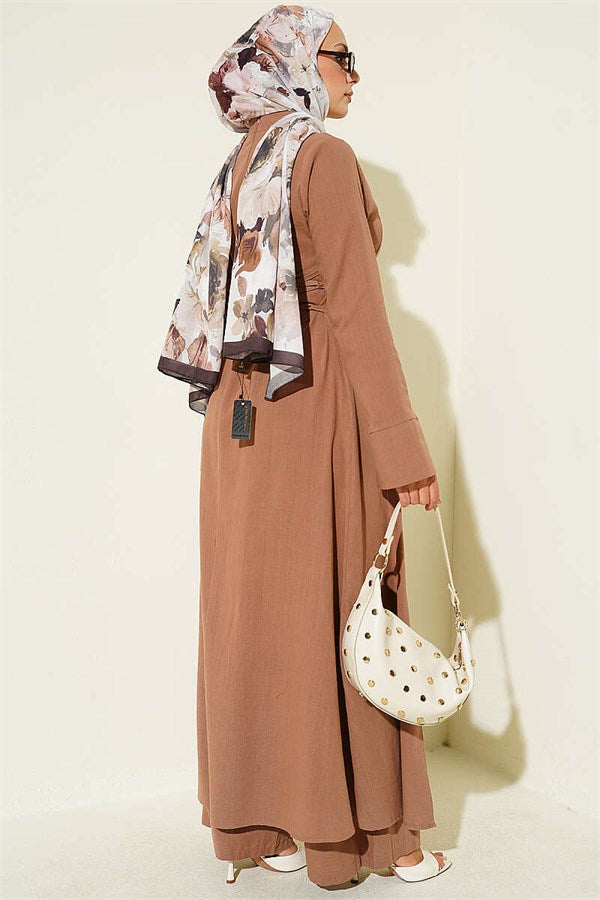 Linen Tunic 2 Piece Set with Slit and Belt, Latte