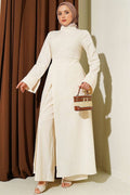 Beige Linen Tunic Two-Piece Set with Slit and Waistband